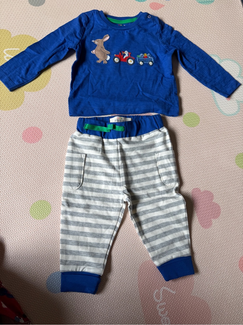 Baby Boden Blue Long Sleeve Top and Gray Striped Pants Set